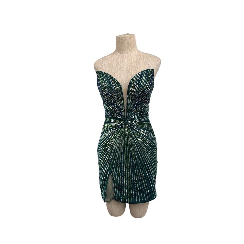 PORTIA & SCARLETT Emerald Green Beaded Mini Dress Strapless Sweetheart Deep Clea